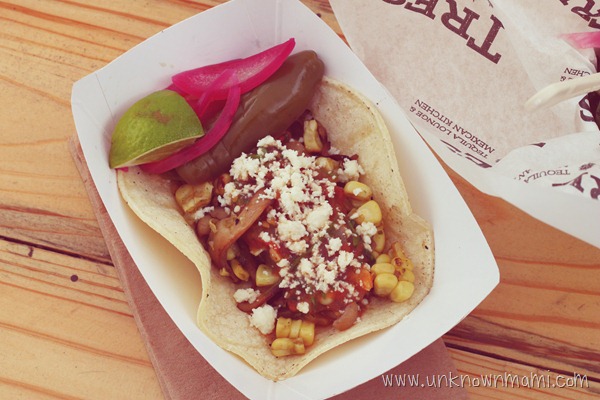 rajas taco from tres truck: roasted wild mushrooms, corn, poblano and anaheim chiles, queso fresco, molcajete salsa
