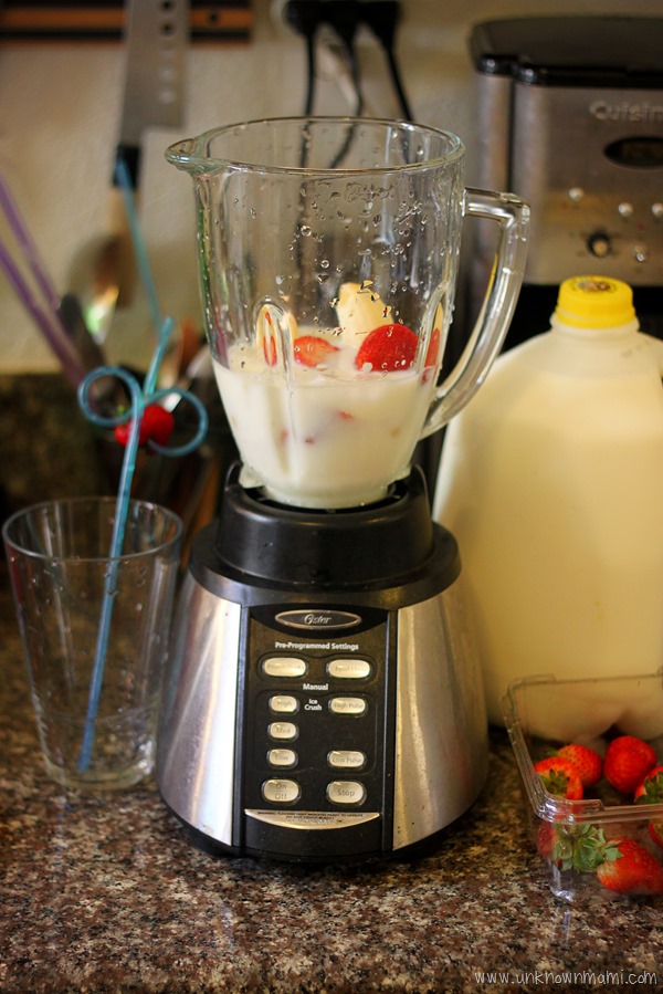 Strawberry-banana and milk smoothie recipe.