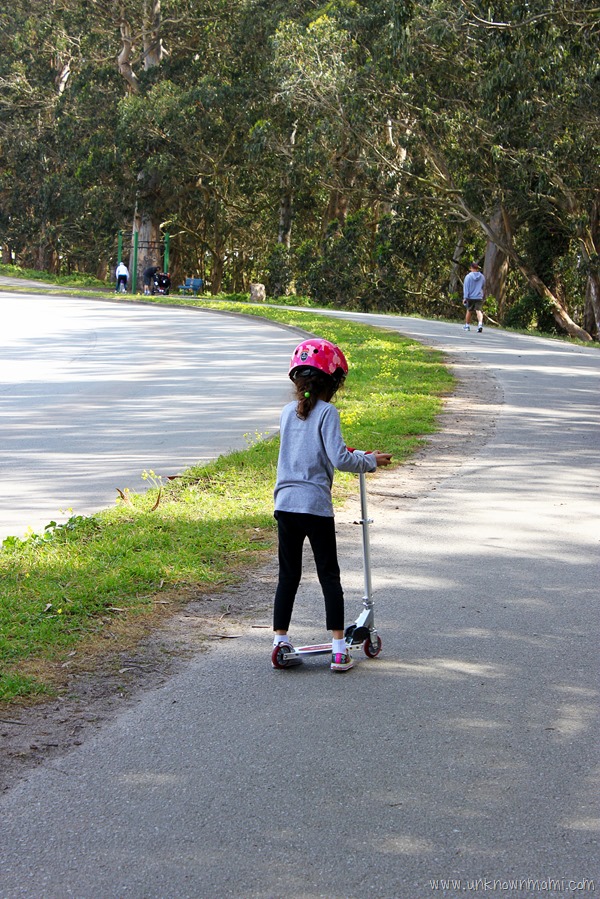 Riding a scooter around Lake Merced