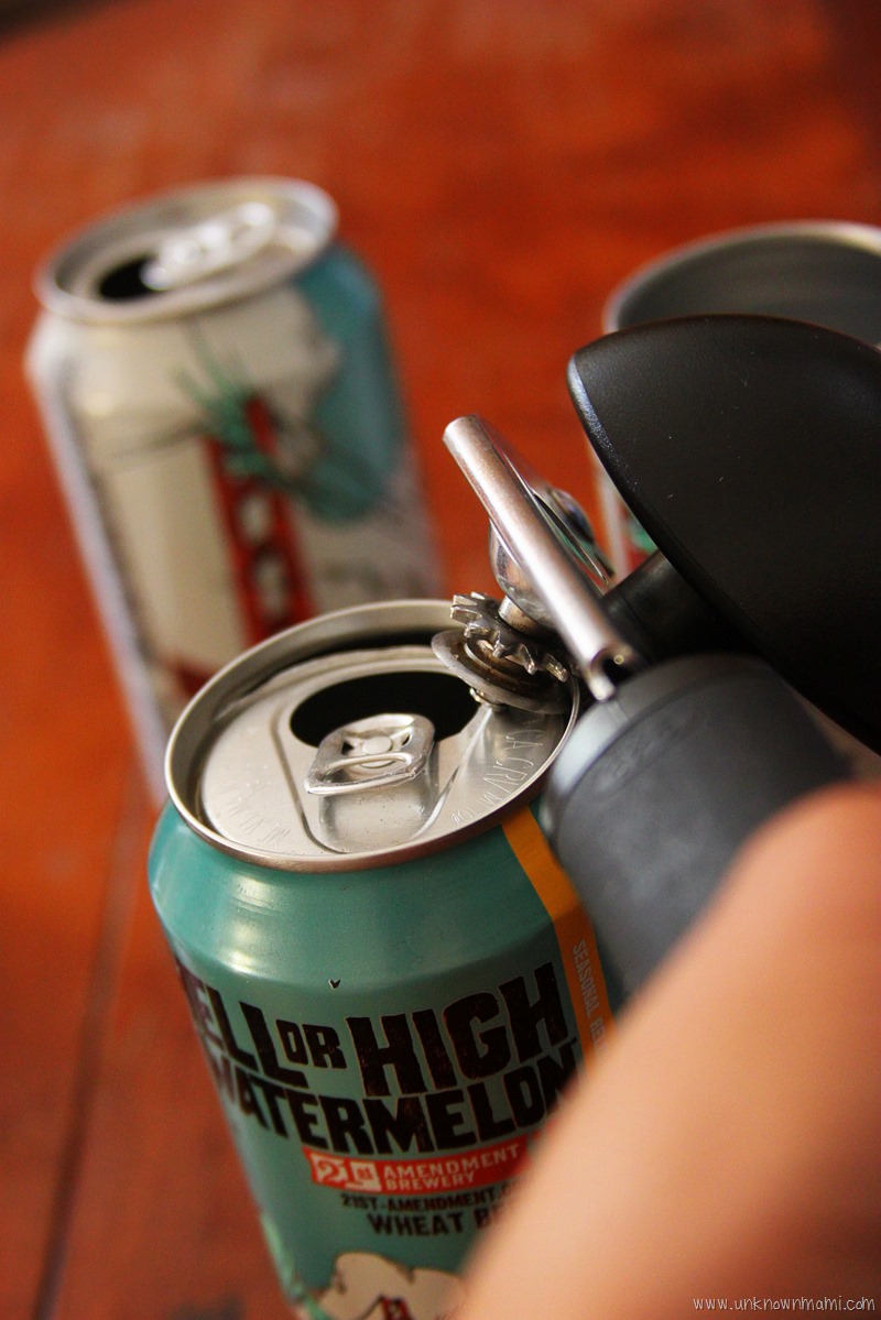 Use can opener to remove tops of aluminum cans