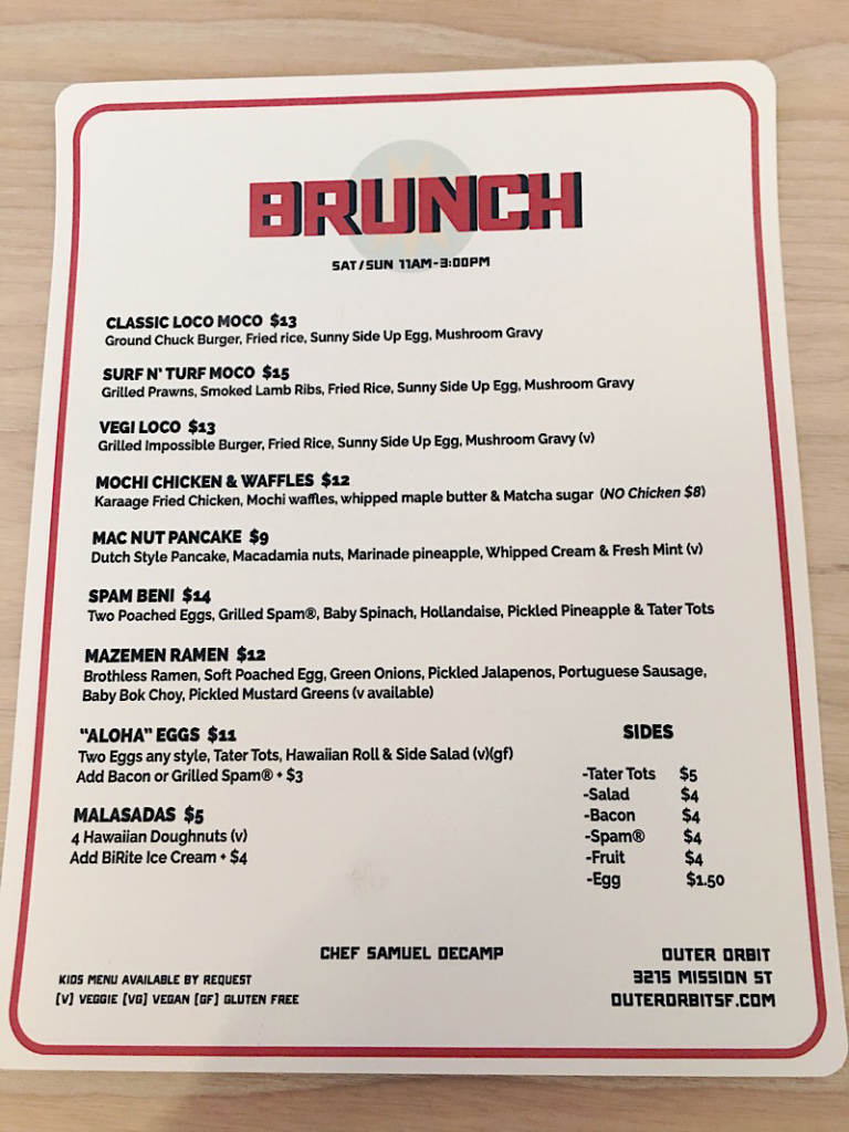 Outer Orbit Brunch Menu