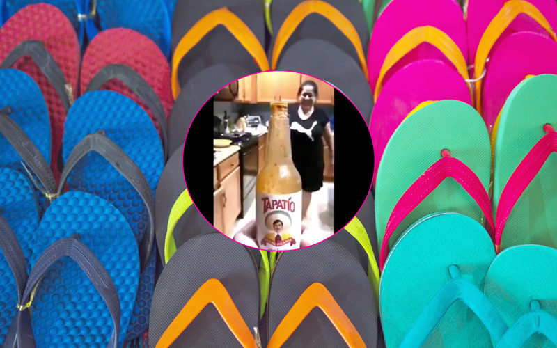 Bottle cap challenge with her chancla